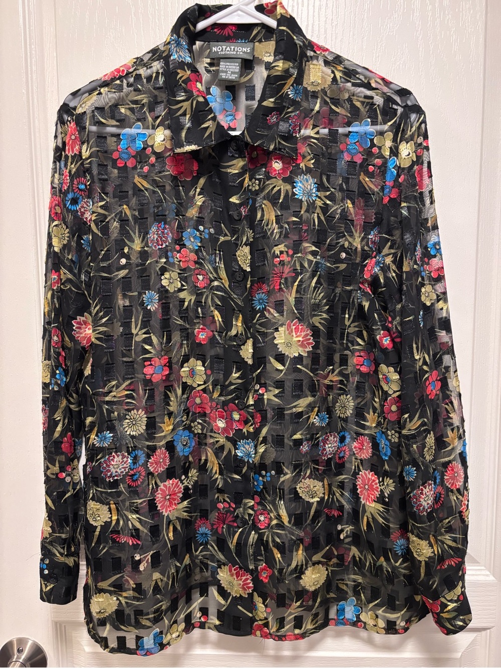 Notations Clothing Company sheer black blouse with burn out design and florals M